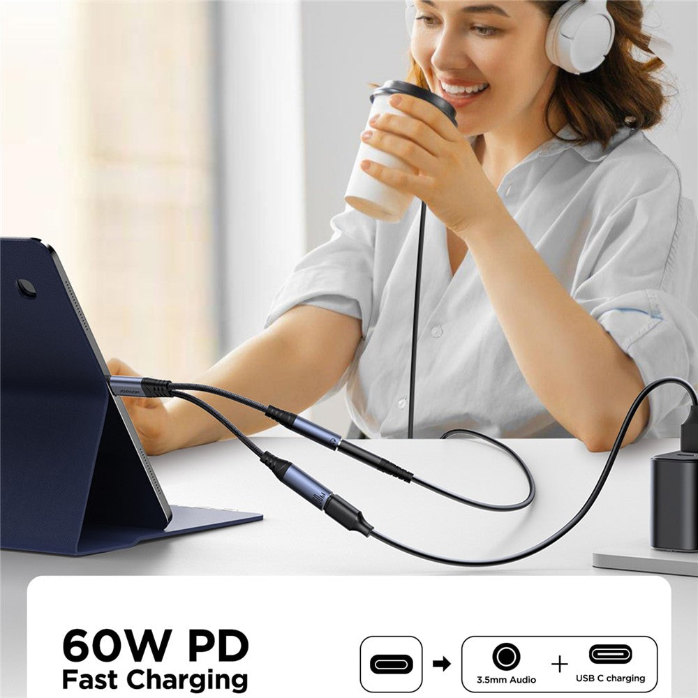 JOYROOM SY-C02 Headphone Adapter Type-C to 3.5mm+Type-C Aux Audio Cable with PD 60W Fast Charging