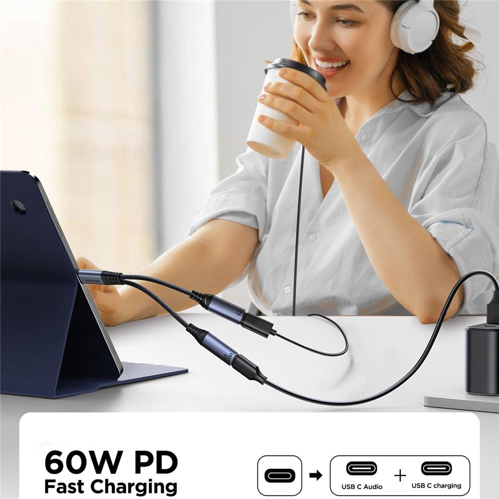 JOYROOM SY-C03 Type-C to Dual Type-C Audio Connector PD 60W Fast Charging Adapter Splitter