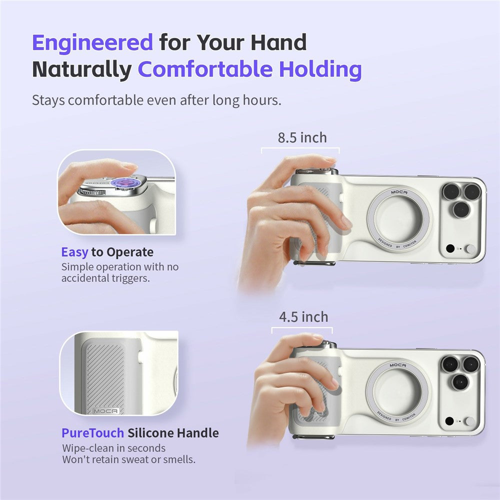 MOCA Grip Camera Handle with Detachable Remote Control and LED Light for iPhone 17  /  16  /  15 MagSafe Compatible Shooting Accessories