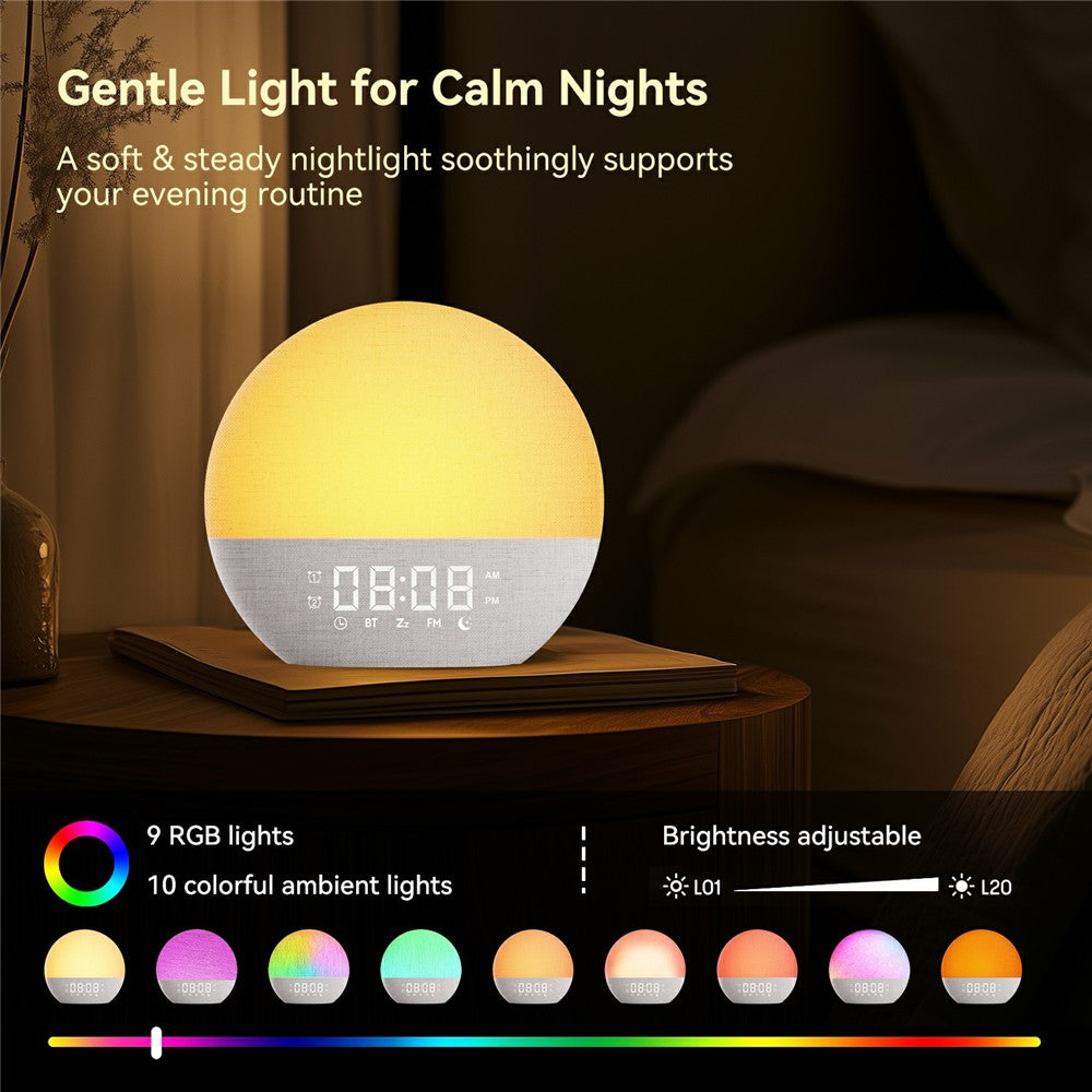 Sunrise Alarm Clock Bluetooth Speaker – White Noise, FM Radio & Night Light