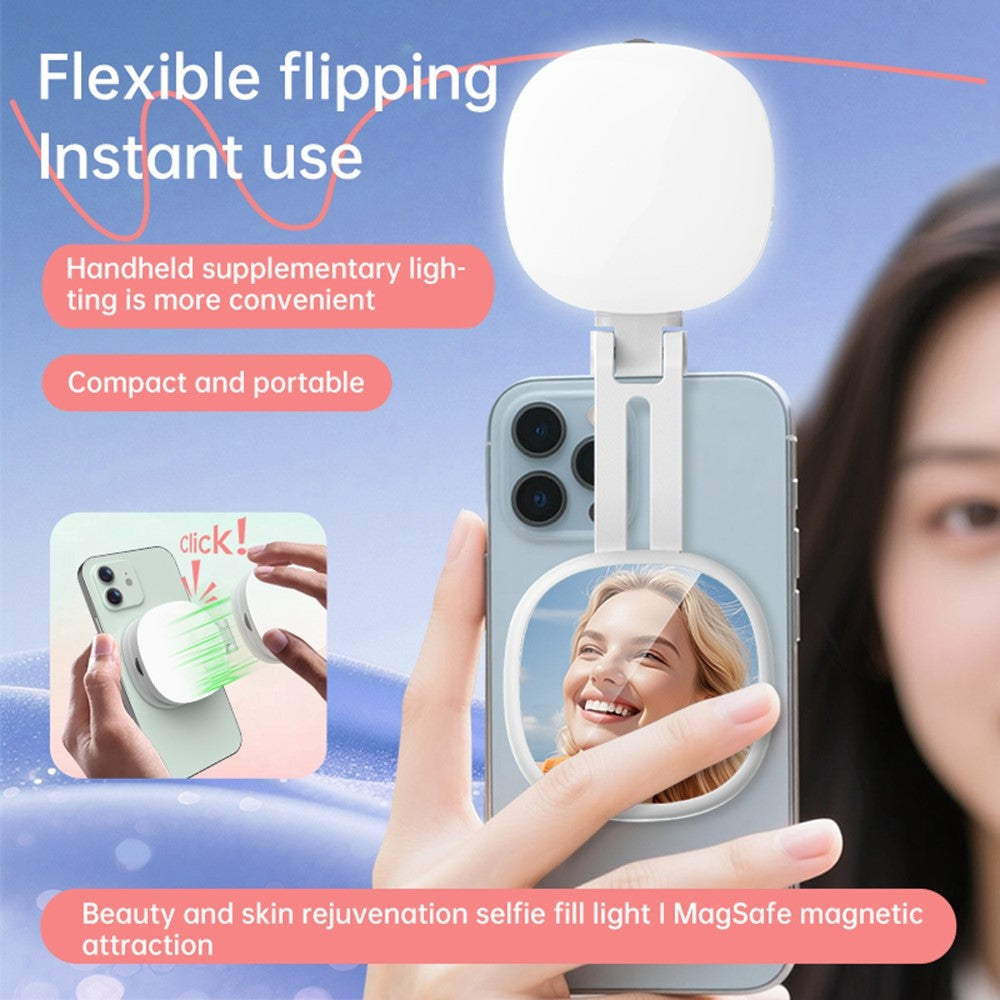 K04 Magnetic Selfie Ring Light with Mirror Foldable LED Fill Light Adjustable Brightness Phone Stand for Live Streaming