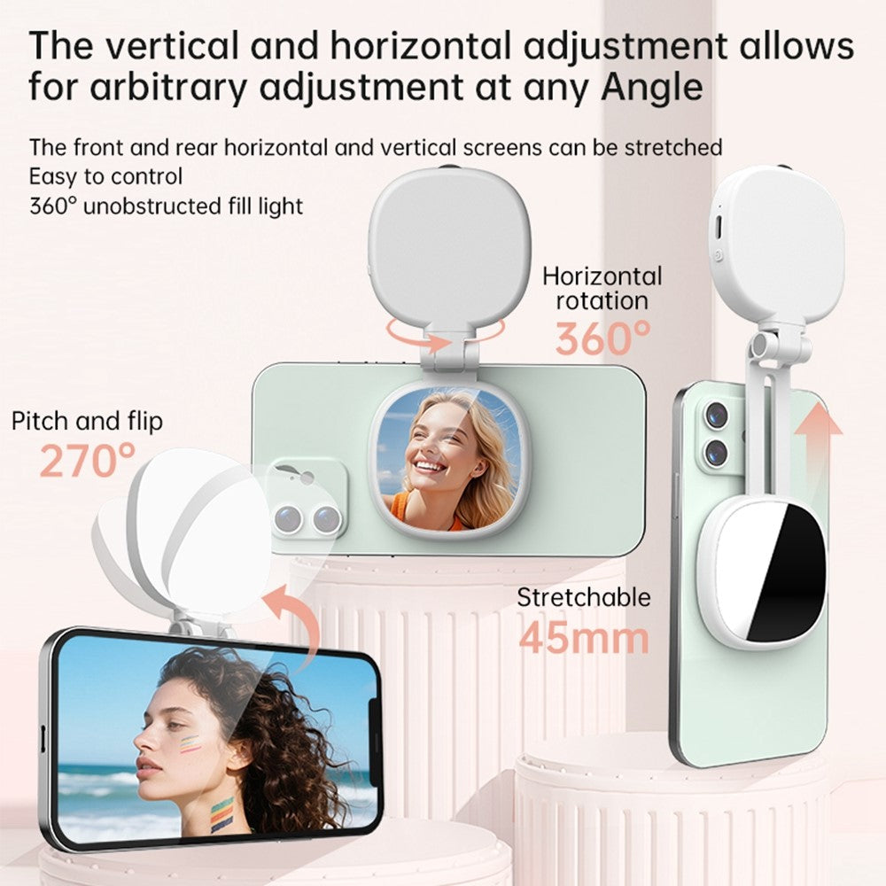 K04 Magnetic Selfie Ring Light with Mirror Foldable LED Fill Light Adjustable Brightness Phone Stand for Live Streaming