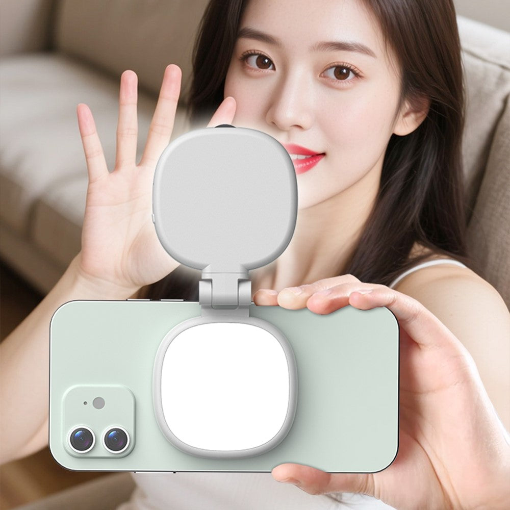 K04 Magnetic Selfie Ring Light with Mirror Foldable LED Fill Light Adjustable Brightness Phone Stand for Live Streaming