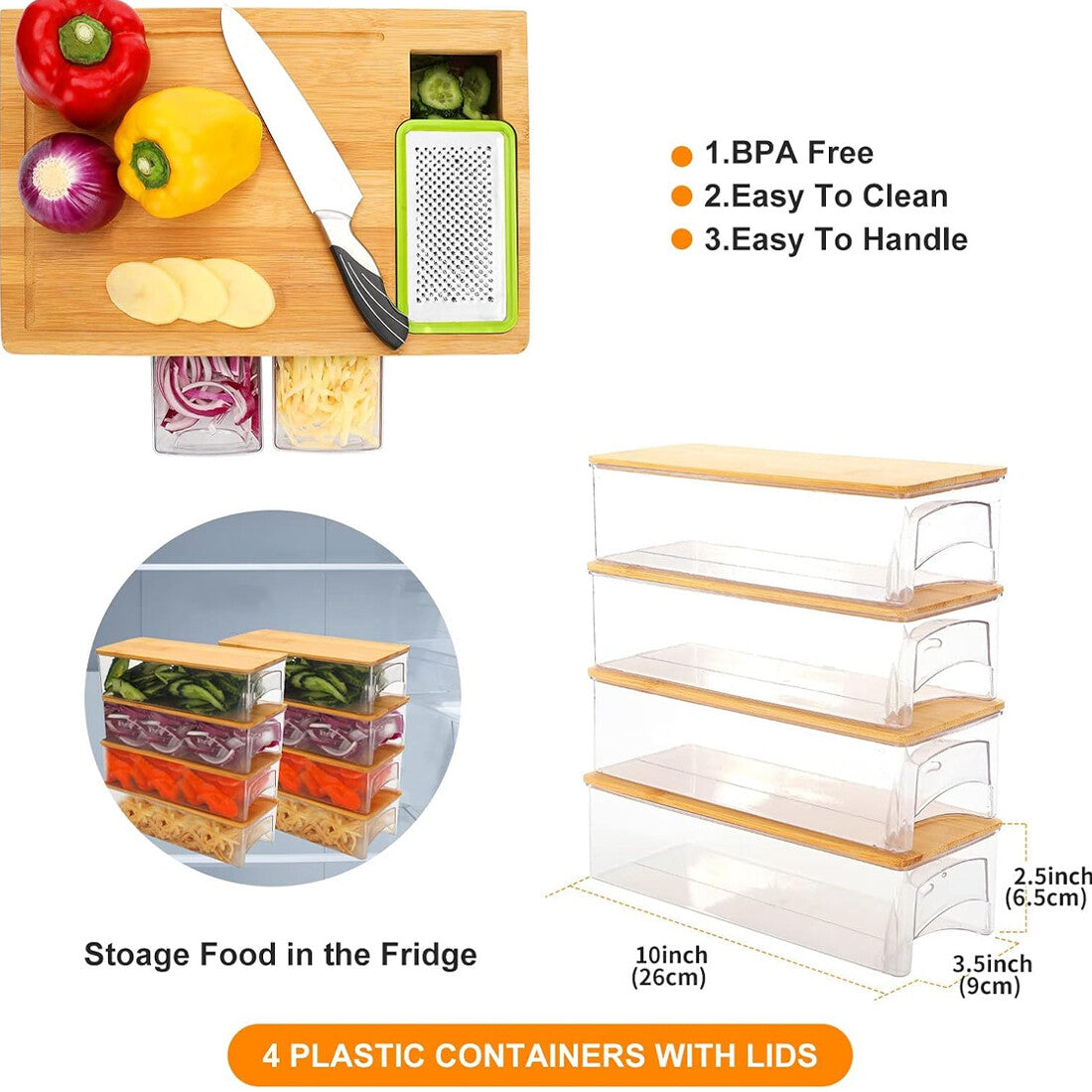 Chopping Board with Containers, Large Bamboo Cutting Board with anti slip pads