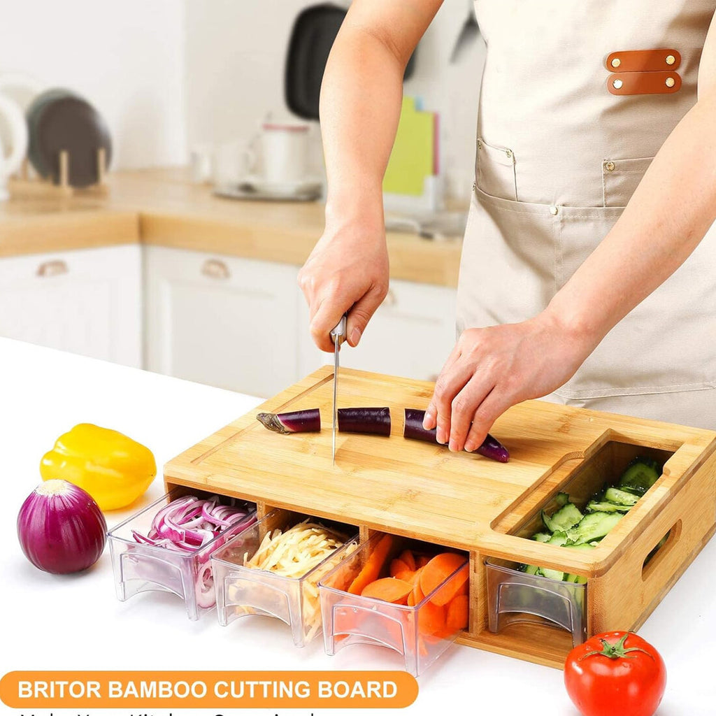 Chopping Board with Containers, Large Bamboo Cutting Board with anti slip pads