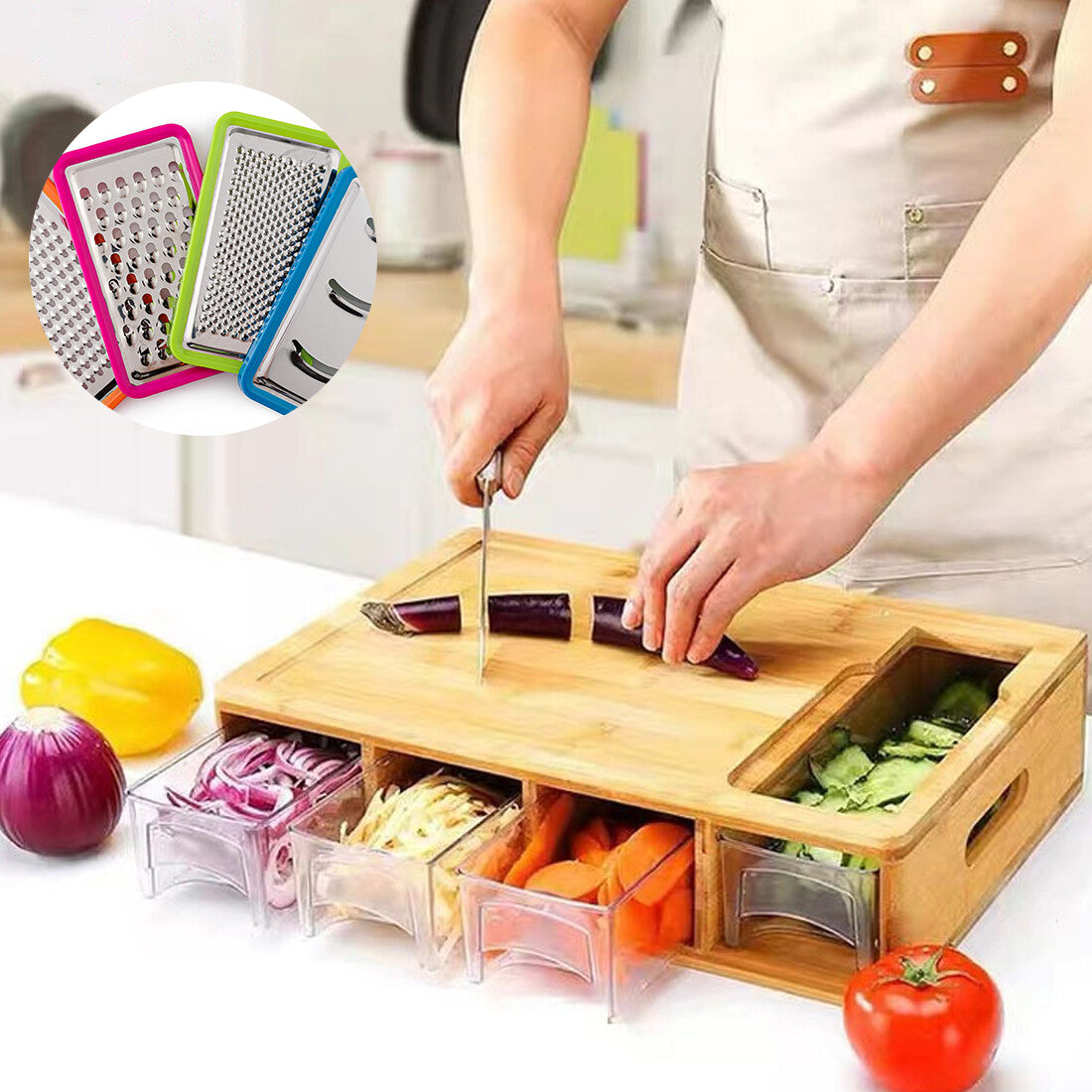 Chopping Board with Containers, Large Bamboo Cutting Board with anti slip pads