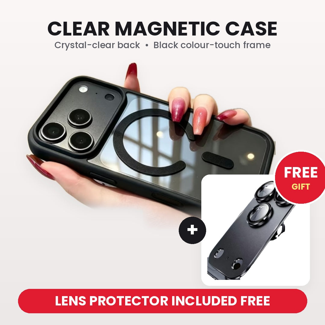 Clear magnetic iPhone case with black frame and free camera lens protector