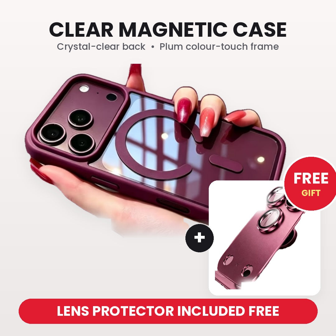 Clear magnetic iPhone case with burgundy frame and free camera lens protector